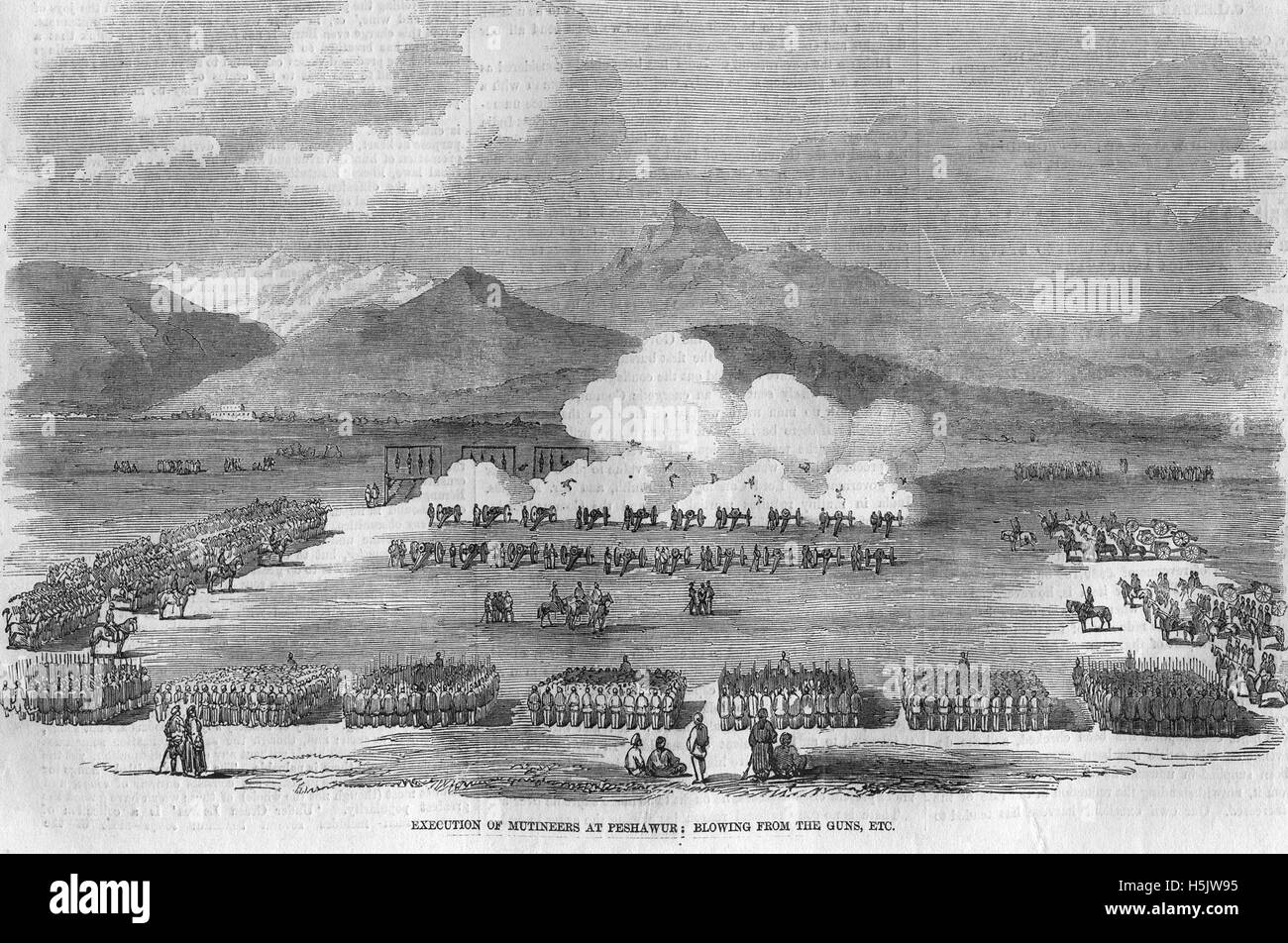 INDIAN MUTINY 1857  Execution of mutineers at Peshawa by blowing from the guns Stock Photo