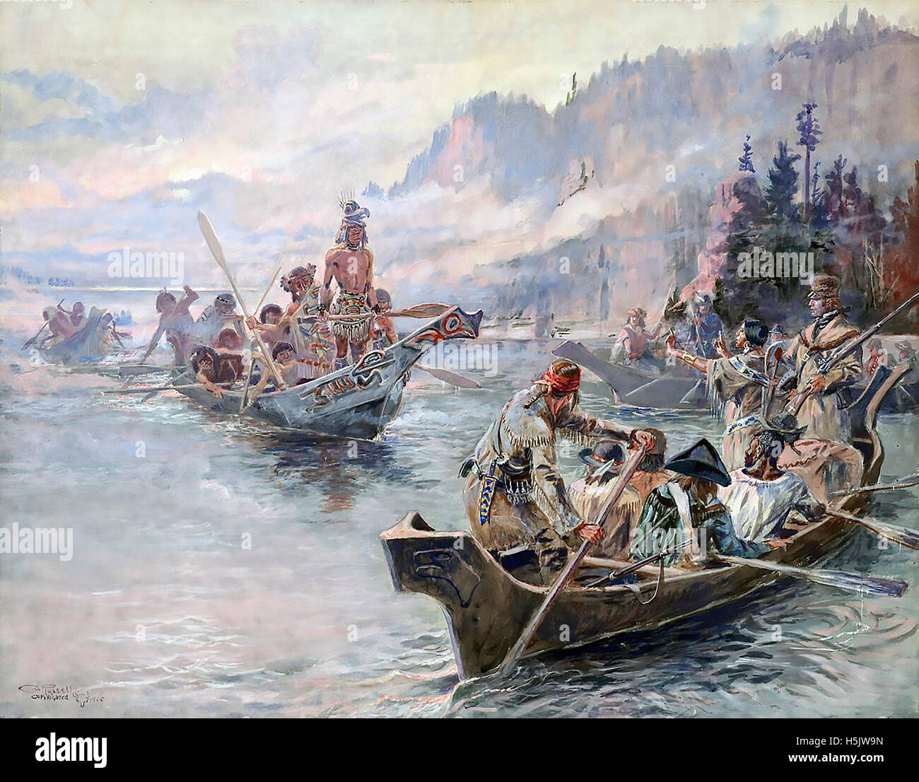 LEWIS AND CLARK EXPEDITION  Meeting with Chinooks on the Lower Columbia River in October 1805. Painted by Charles Russell about a century later Stock Photo