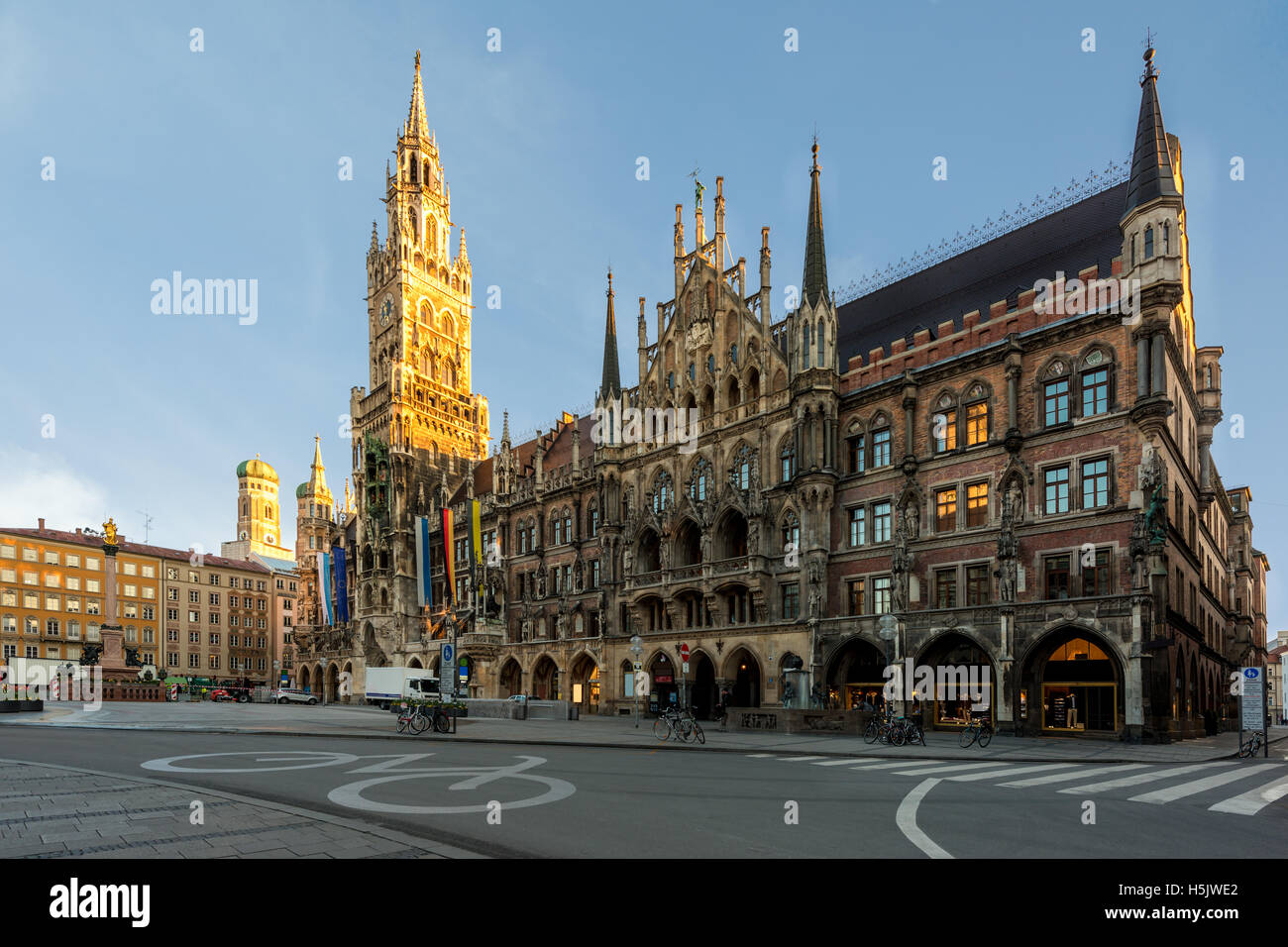 Panorama of Marienplatz and Munich city hall at morning in Munich, Germany. Stock Photo