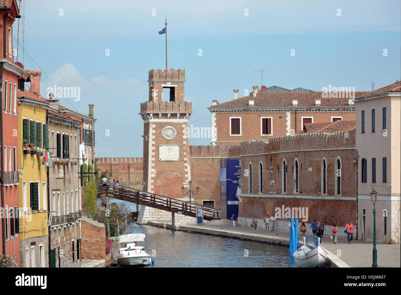 Tower of the historic Venetian Arsenal and Naval Museum in Castello district of Venice in Italy. Stock Photo