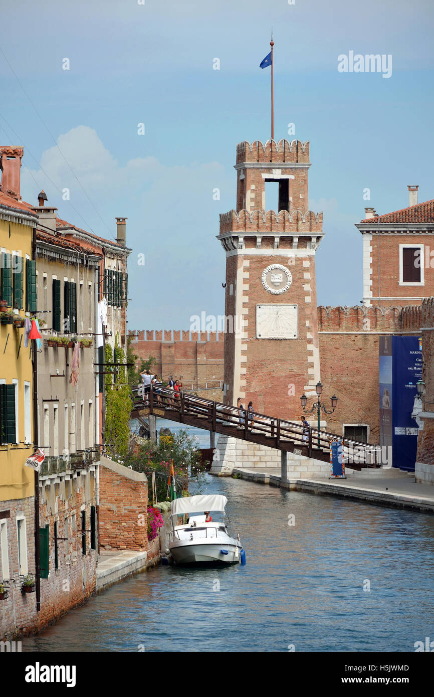 Tower of the historic Venetian Arsenal and Naval Museum in Castello district of Venice in Italy. Stock Photo