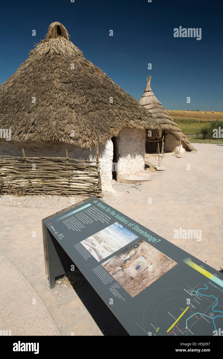 UK, England, Wiltshire, Stonehenge Visitor Centre, reconstructed Neolithic village and interpretation information board Stock Photo