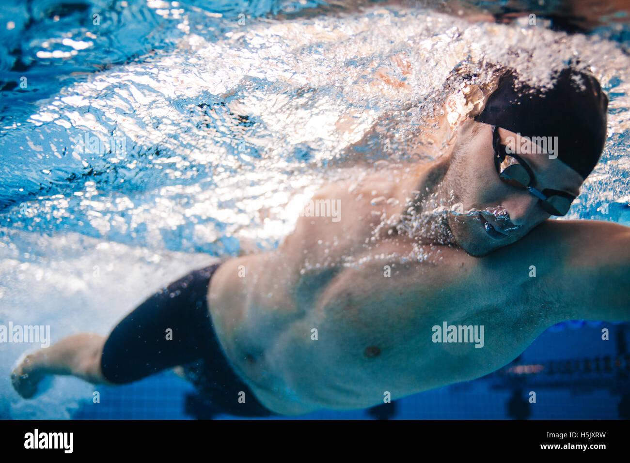 Professional male swimmer inside swimming pool. Underwater shot of fit young man practising in pool. Stock Photo