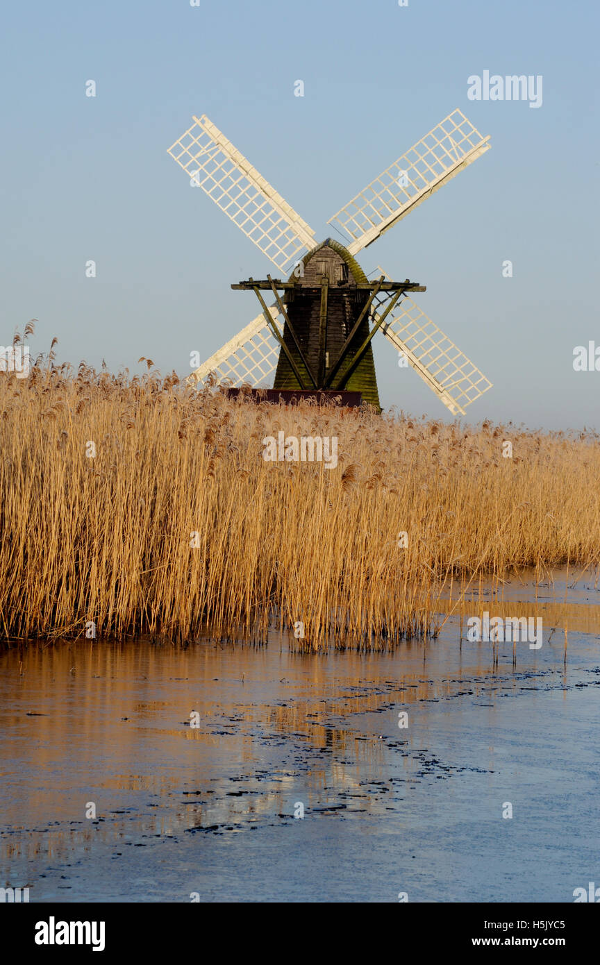 Herringfleet Mill in freezing fog Stock Photo