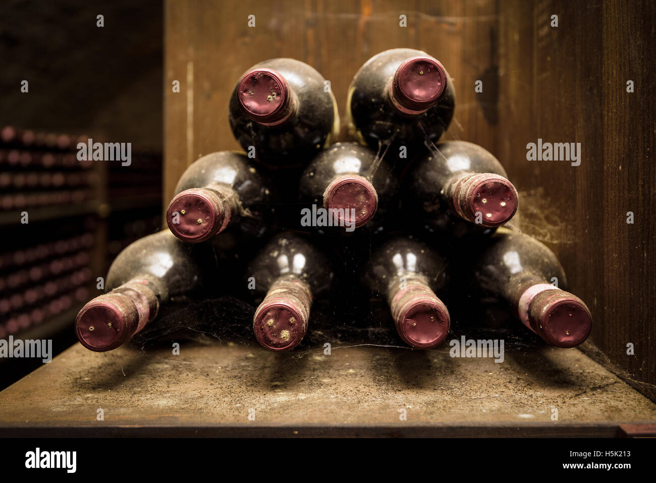 Lying dusty old bottles of wine in the Italian vineyard. Stock Photo