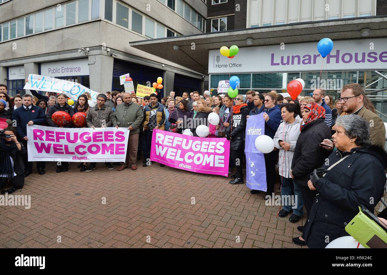 Citizens UK hold a 'refugees event outside Lunar House in Croydon, south London, as