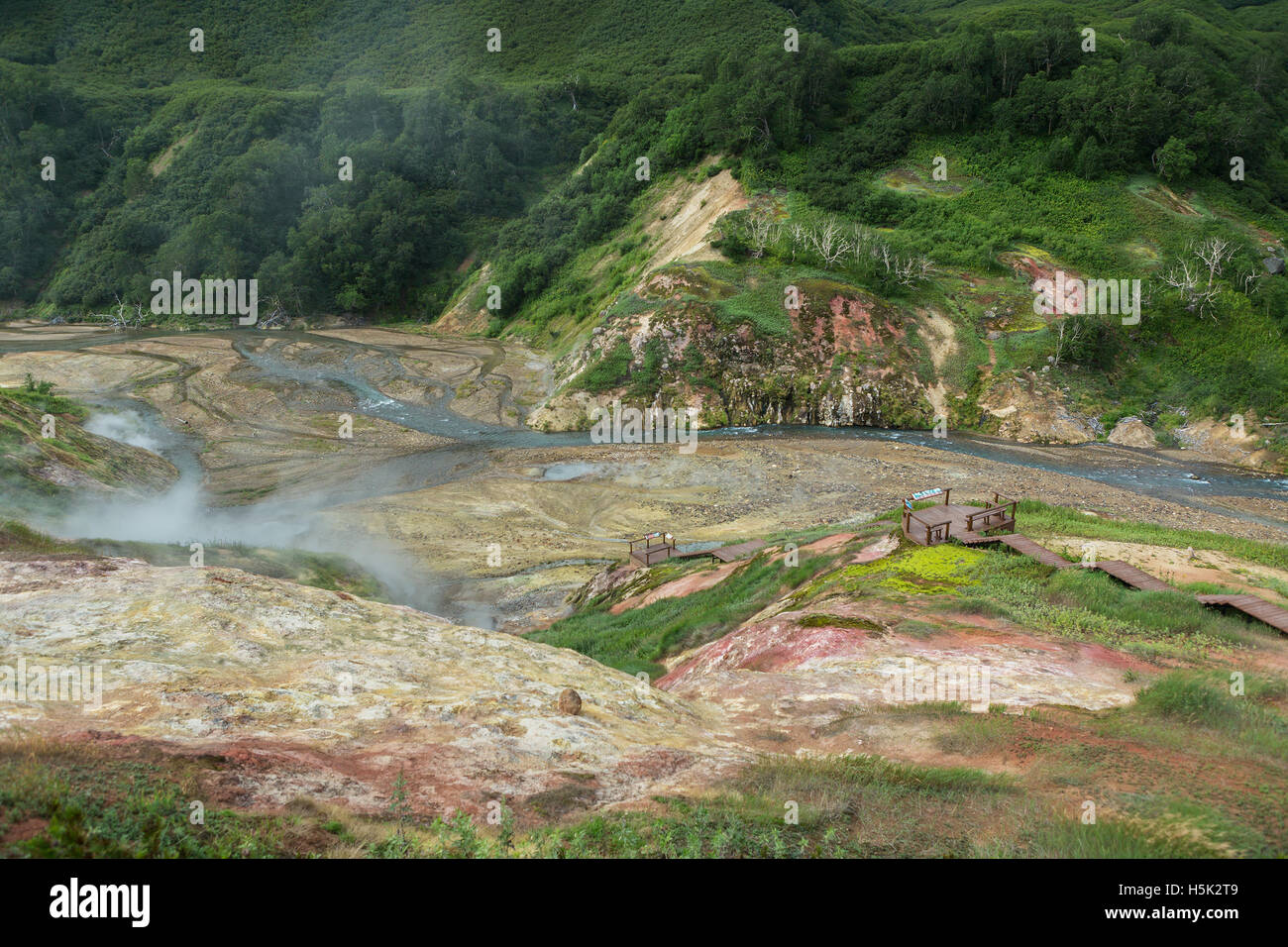 Alluvial plain at drying Geysernoye Lake in Valley of Geysers. Stock Photo