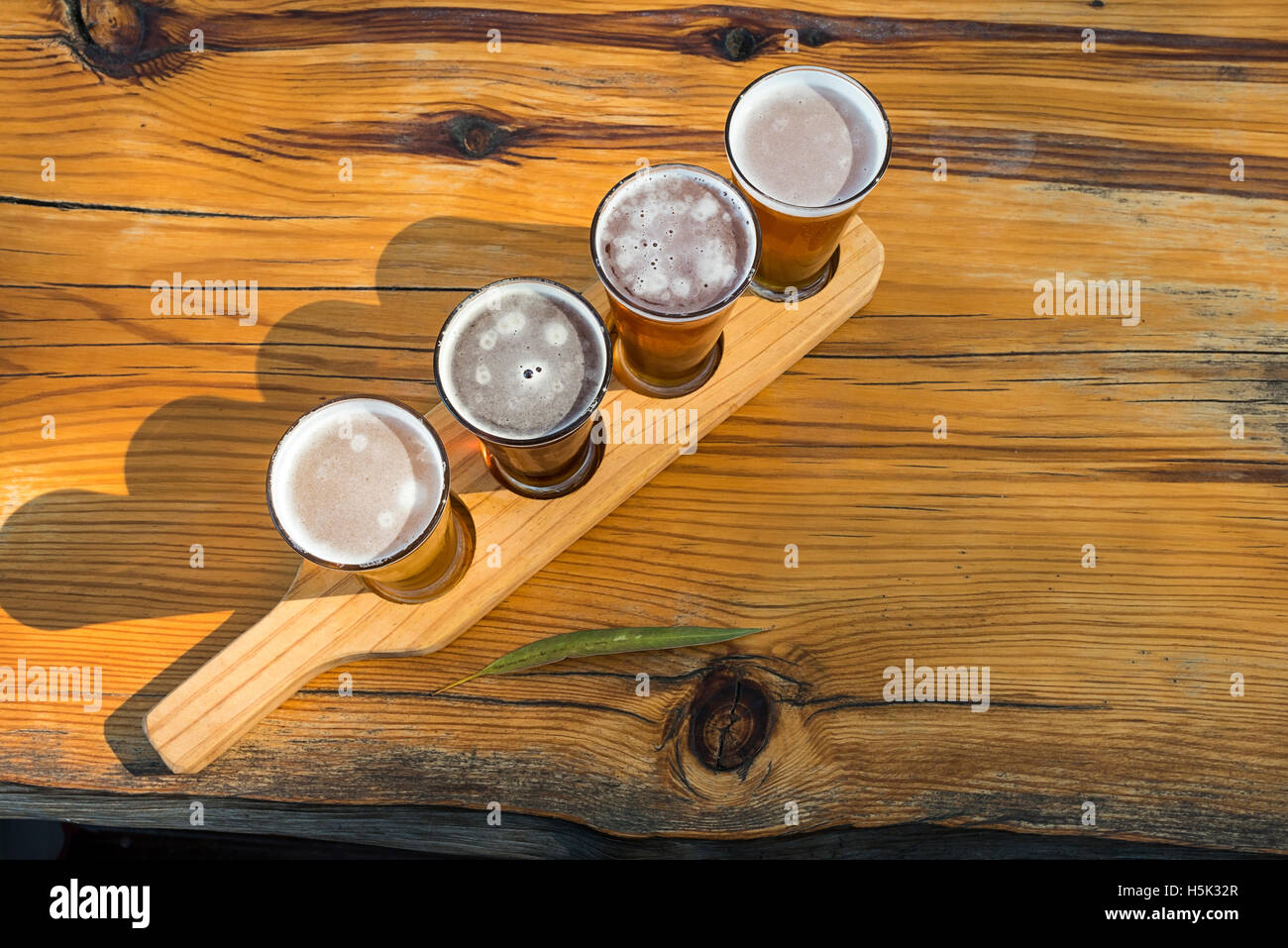 A beer tasting paddle with four glasses at Wilkadene Woolshed Brewery on the River Murray Australia Stock Photo