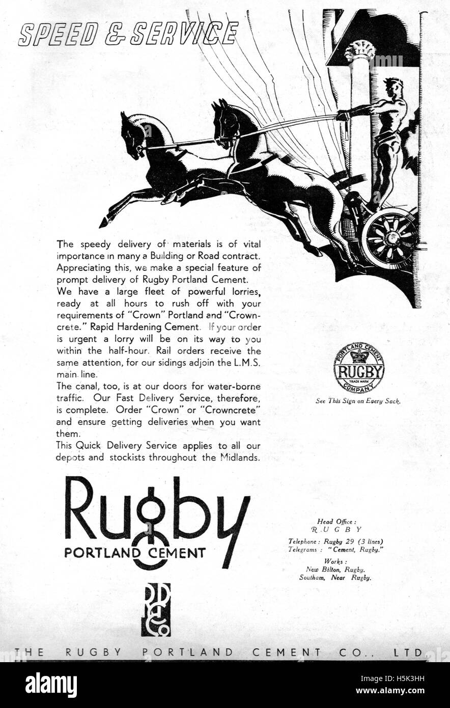 Vintage advertisement for Portland Cement with an art deco style chariot being pulled by two horses dated December 20th 1935 in the Illustrated Carpenter and Builder magazine Stock Photo