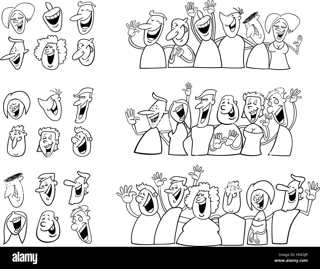 Cartoon illustration big group people Black and White Stock Photos ...