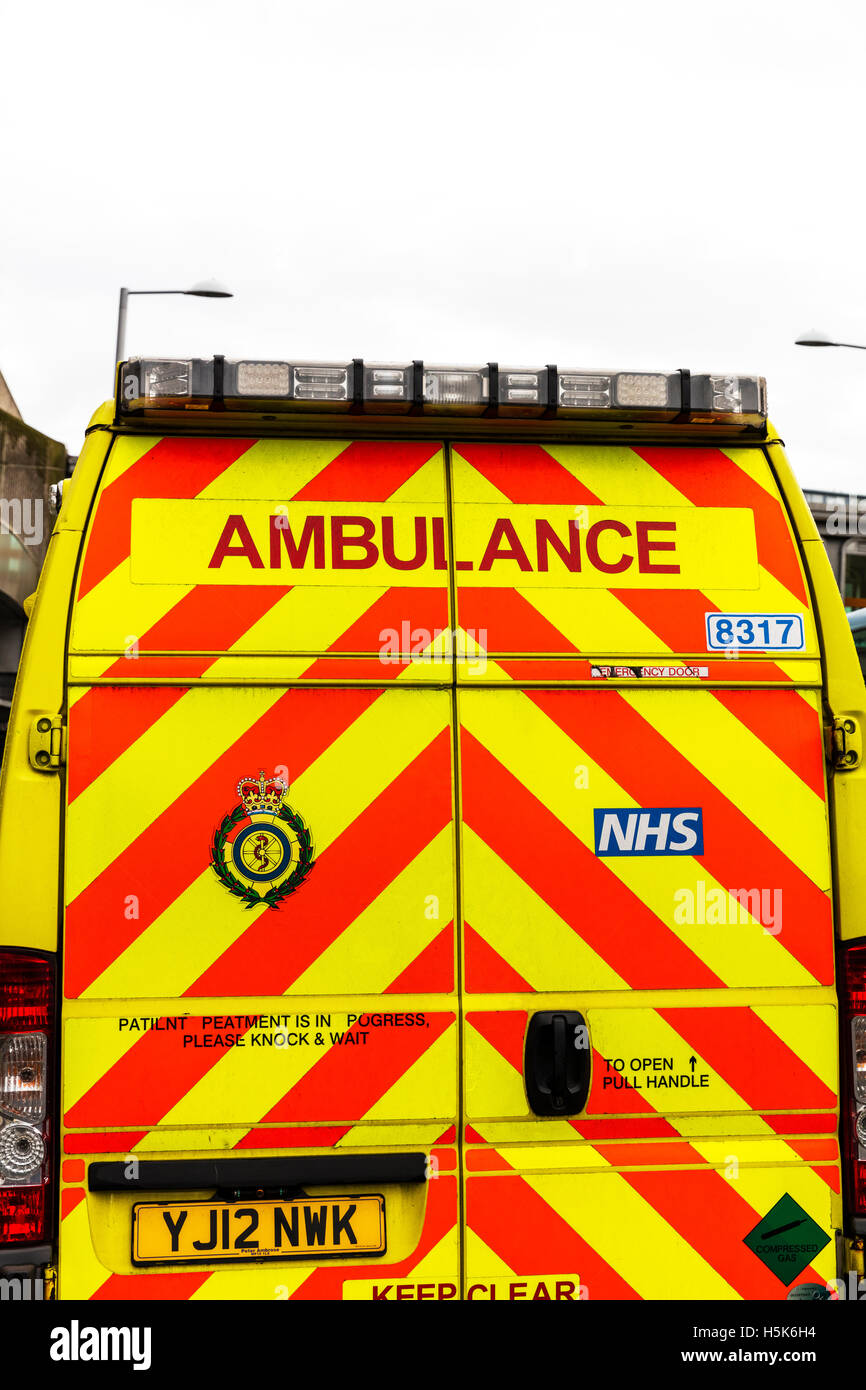 Ambulance van vehicle rear back doors vehicles sign name word vans vehicles GB UK England Stock Photo