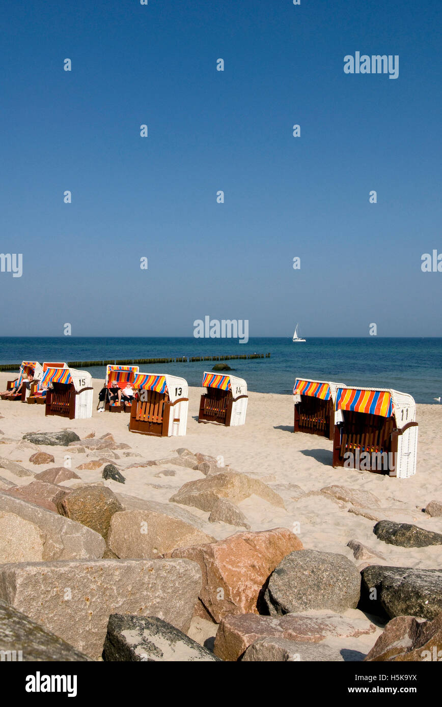 Beach chairs on the beach of Kuehlungsborn on the coast of the Baltic ...