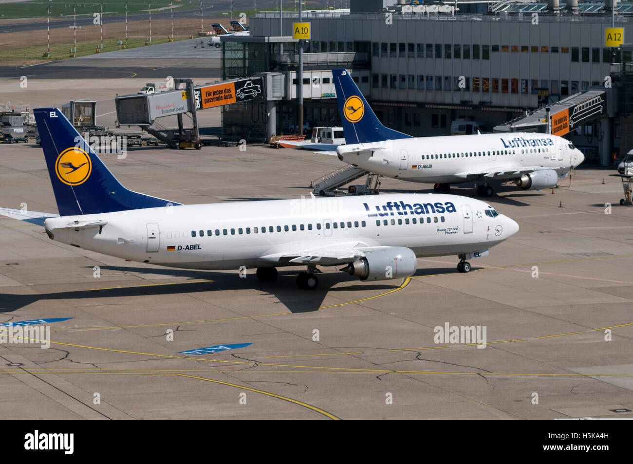 Airport, airfield, aircraft, Lufthansa airline, Boeing 737-300, D-ABEC, Duesseldorf, Rhineland, North Rhine-Westphalia Stock Photo