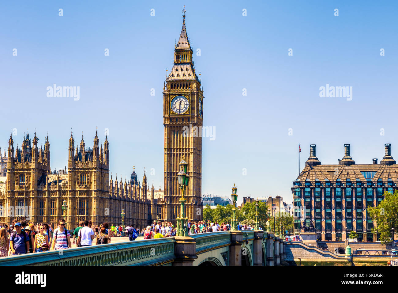 London, UK - July 19, 2016 - Big Ben and House of Parliament in London with a crowd of tourists on a cloudless day Stock Photo