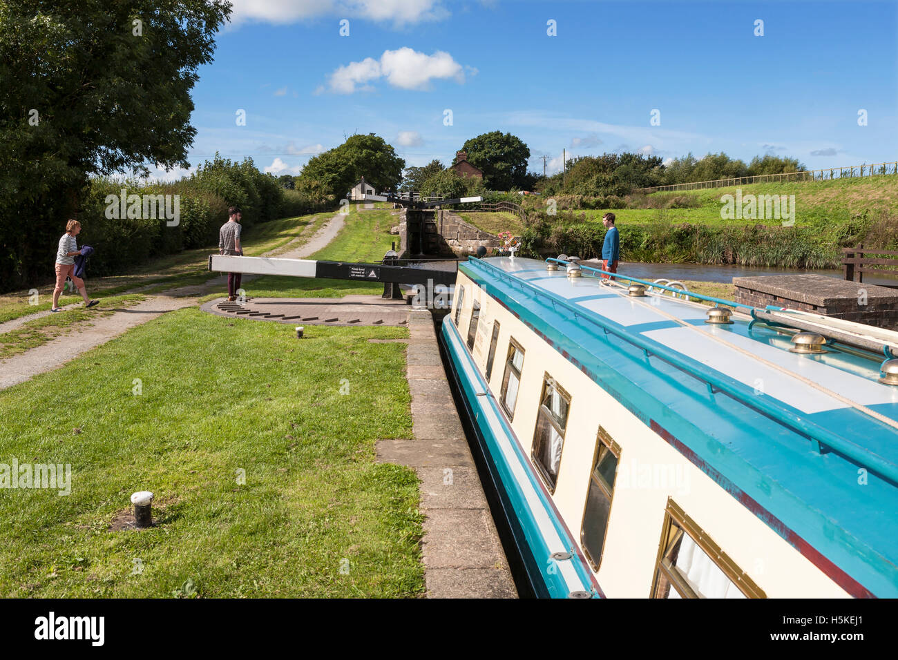 Narrowboat 'Misty Dawn' in Hurleston Lock No 2 on the Llangollen Canal, Cheshire, England MODEL RELEASED Stock Photo