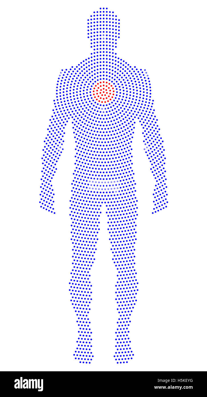 Upright silhouette of a body with radial dot pattern. Formed by blue dots beginning with red dots from the heart. Stock Photo