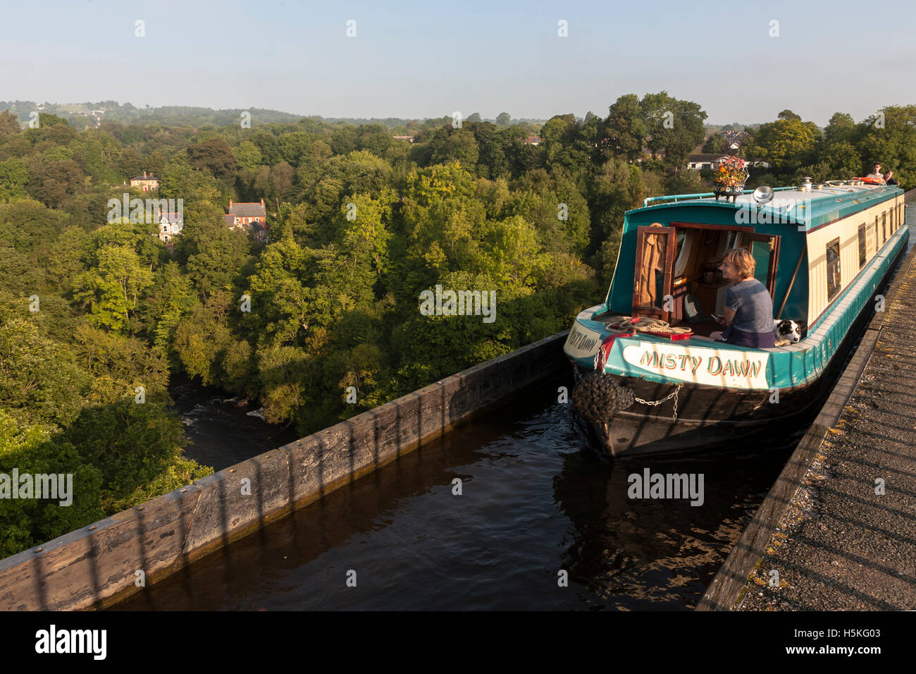 Narrowboat on the Pontcysllyte Aqueduct, Llangollen Canal, Wrexham, Wales.  MODEL RELEASED Stock Photo