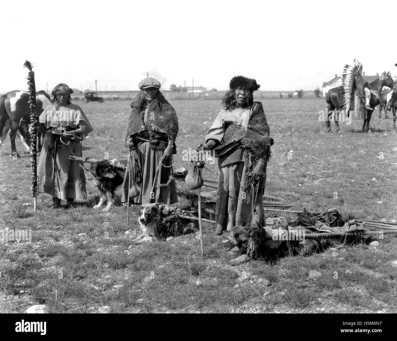 This photograph features Kainai women standing beside a dog travois, a traditional vehicle used by Native American tribes. The travois was a key element in the transportation of goods, particularly for the Kainai people, who are part of the Blackfoot Confederacy in North America. Stock Photo
