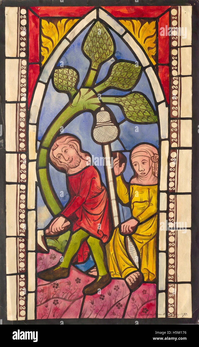 A depiction of Adam and Eve from a medieval stained glass window ...