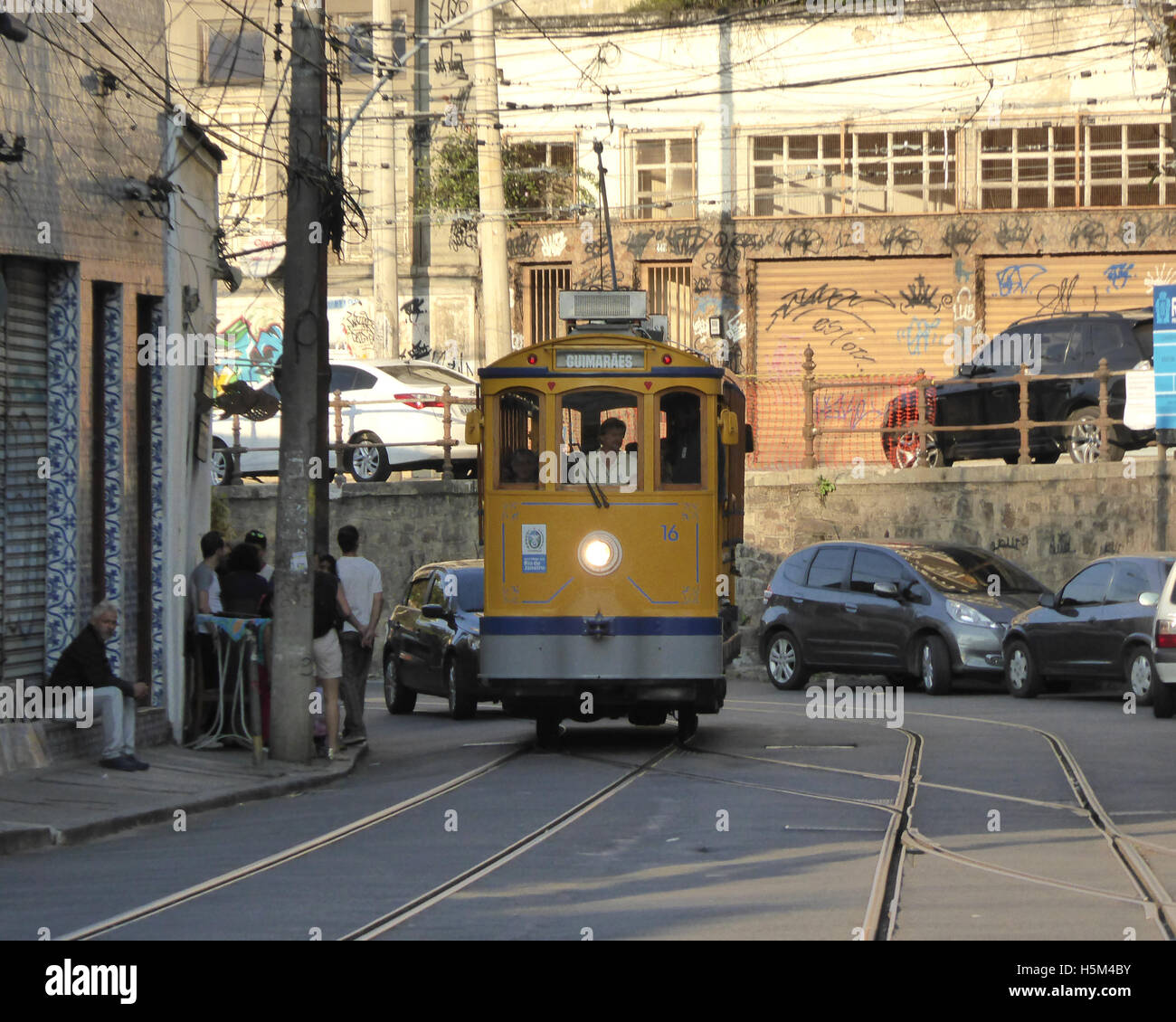 Rio de Janeiro Brazil 2016 Tram ( Bonde ) which crosses the Arcos de Lapa ( aqueduct ) which travels between Santa Teresa & Lapa Stock Photo