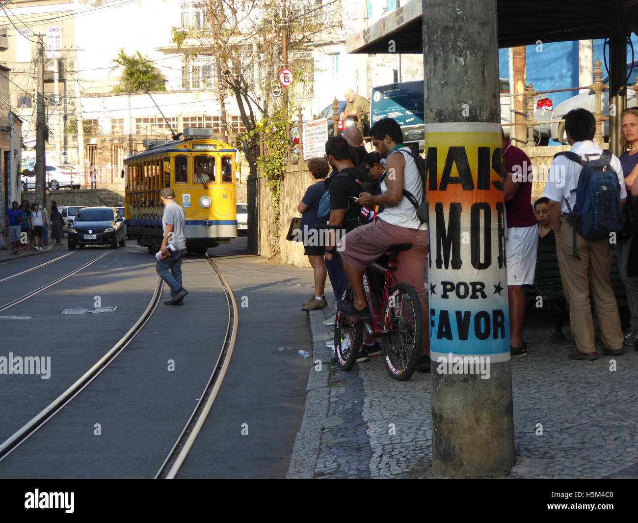 Rio de Janeiro Brazil 2016 Tram ( Bonde ) which crosses the Arcos de Lapa ( aqueduct ) which travels between Santa Teresa & Lapa Stock Photo