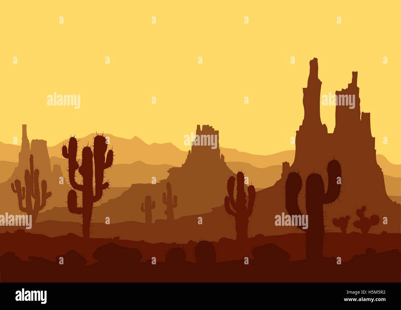 Sunset in stone desert with cactuses and mountains Stock Vector Image ...
