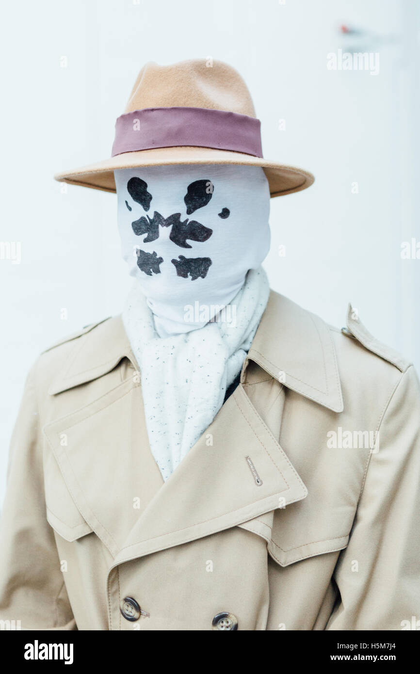 A cosplayer wears a Rorschach costume (DC Comics) at Comic Con Copenhagen 2016. Stock Photo