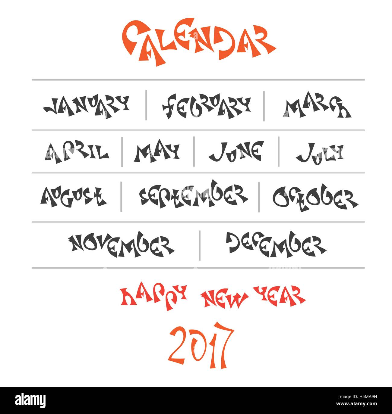 Original hand written year month names Calendar vector illustration Stock Vector