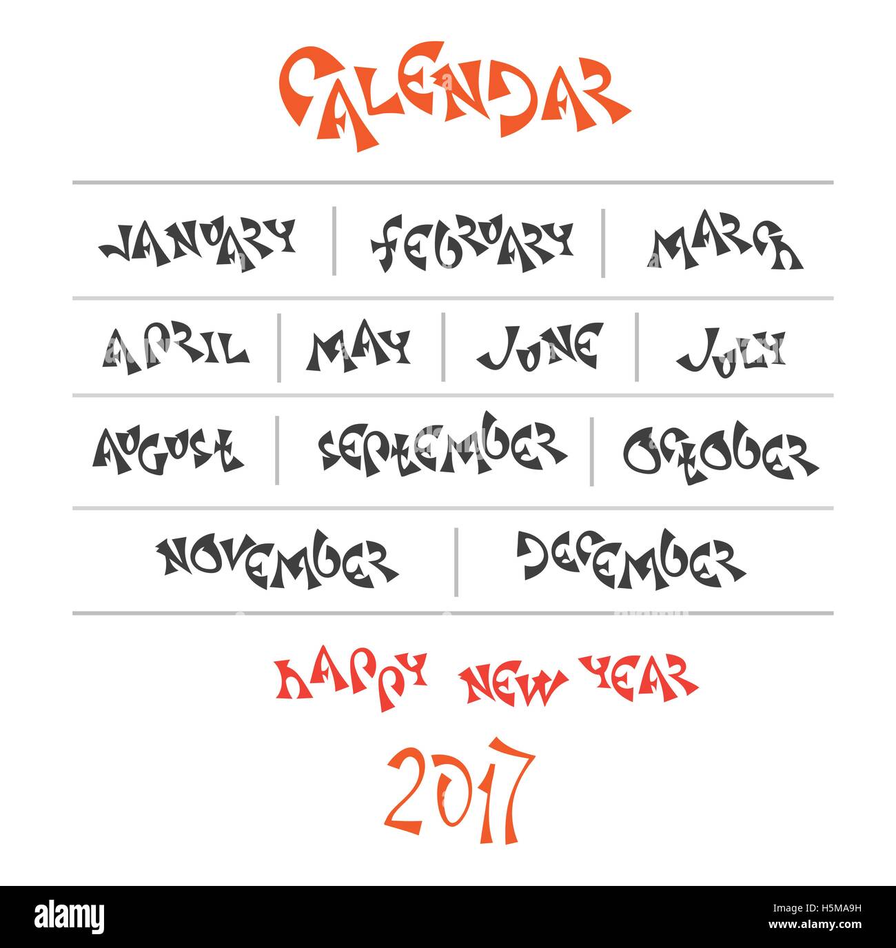 Original Hand Written Year Month Names Calendar Vector Illustration 