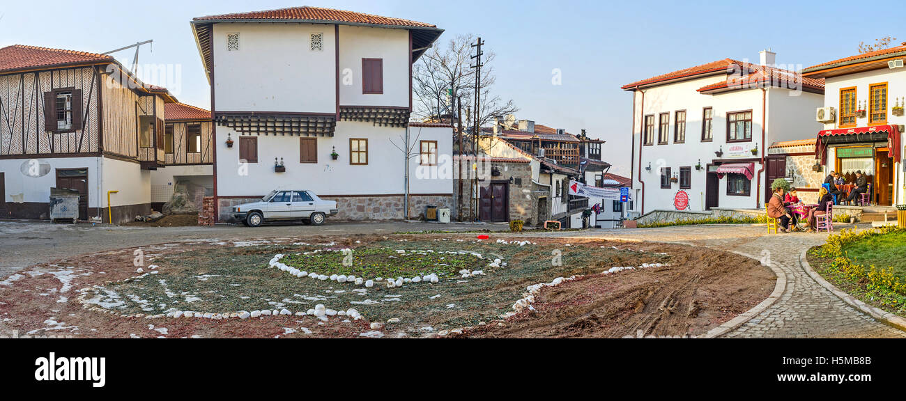 The square and the large flower bed in the tourist neighborhood of the city, known as the Turkish village Stock Photo
