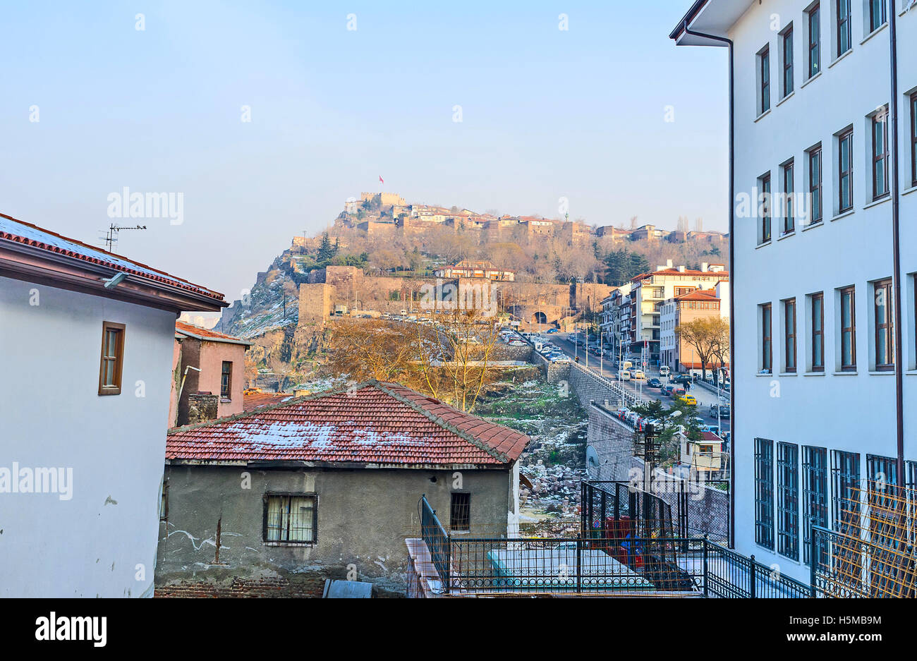 The Hisar Castle Hill with the old fortress and massive ramparts through the residential houses of Ulus district, Ankara, Turkey Stock Photo