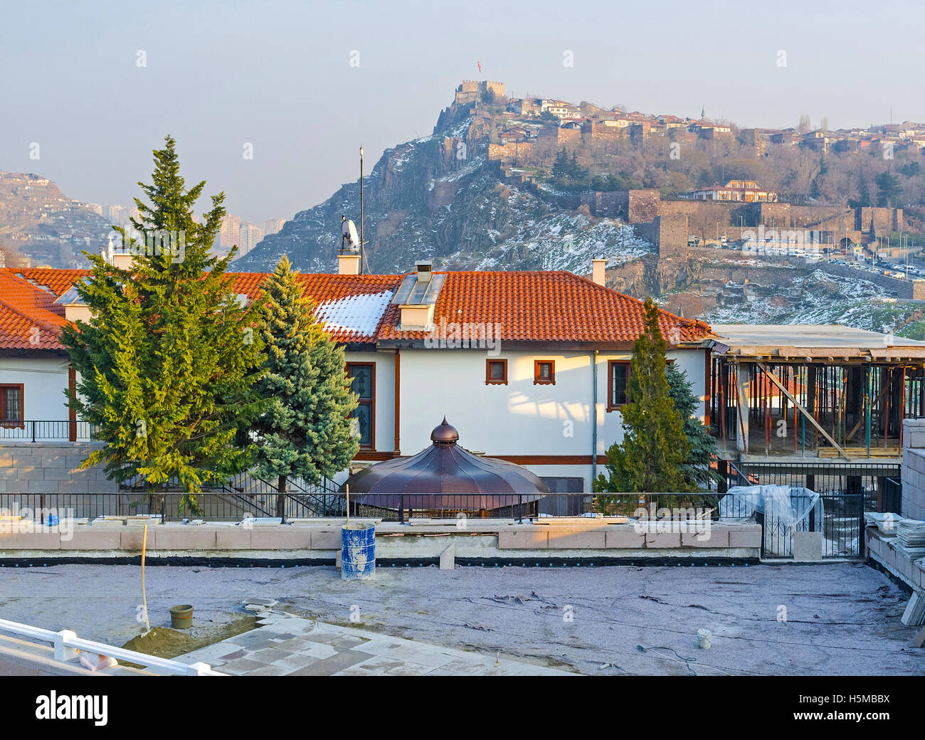 The restored cottages of old town with the Hisar Castle Hill on the background, Ankara, Turkey. Stock Photo