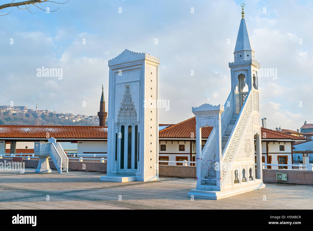 The modern stone mihrab and minbar in the Haci Bayram square, next to the mosque, Ankara, Turkey. Stock Photo