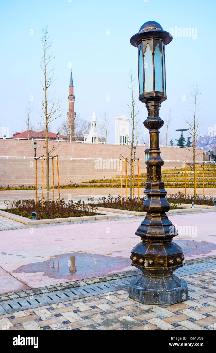The scenic streetlight in the square in front of Haci Bayram architectural complex, Ankara, Turkey. Stock Photo