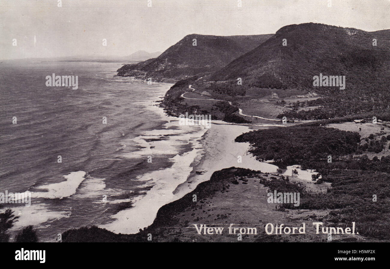 A photograph of Otford Tunnel, viewed from the south, showing a panoramic scene of the Illawarra region. Part of the Royal Australian Historical Society collection, it captures a moment in local infrastructure history. Stock Photo