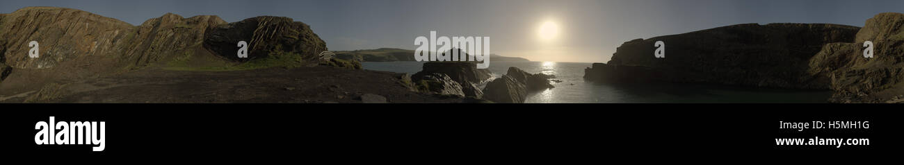 360 degree panorama of an early Autumn evening sunset at Abereiddy, Pembrokeshire, Wales. Stock Photo