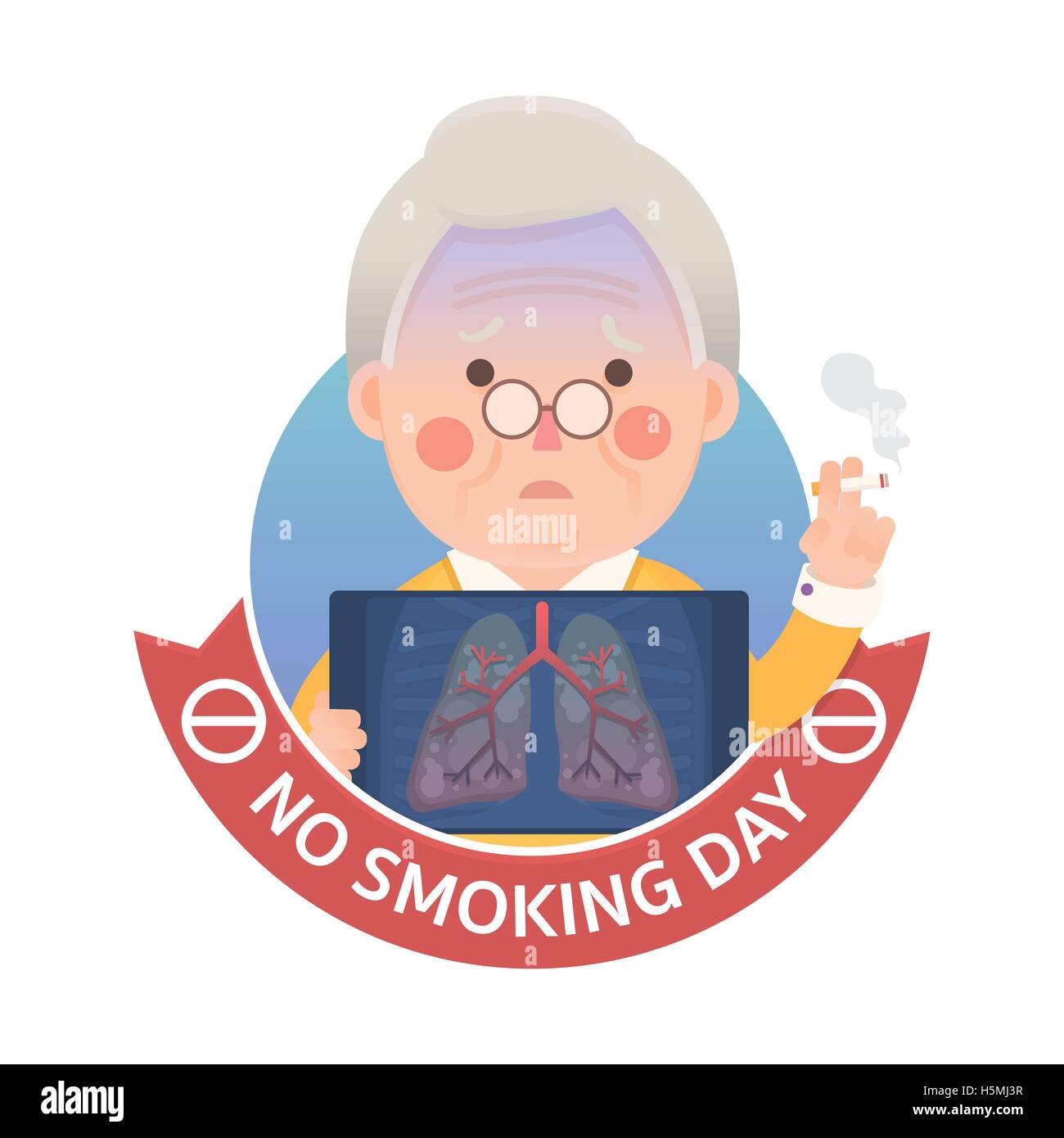 Vector Illustration of Old Man Smoking Cigarette Holding X-ray Image Show Lung Pulmonary Emphysema Problem With No Smoking sign Stock Vector