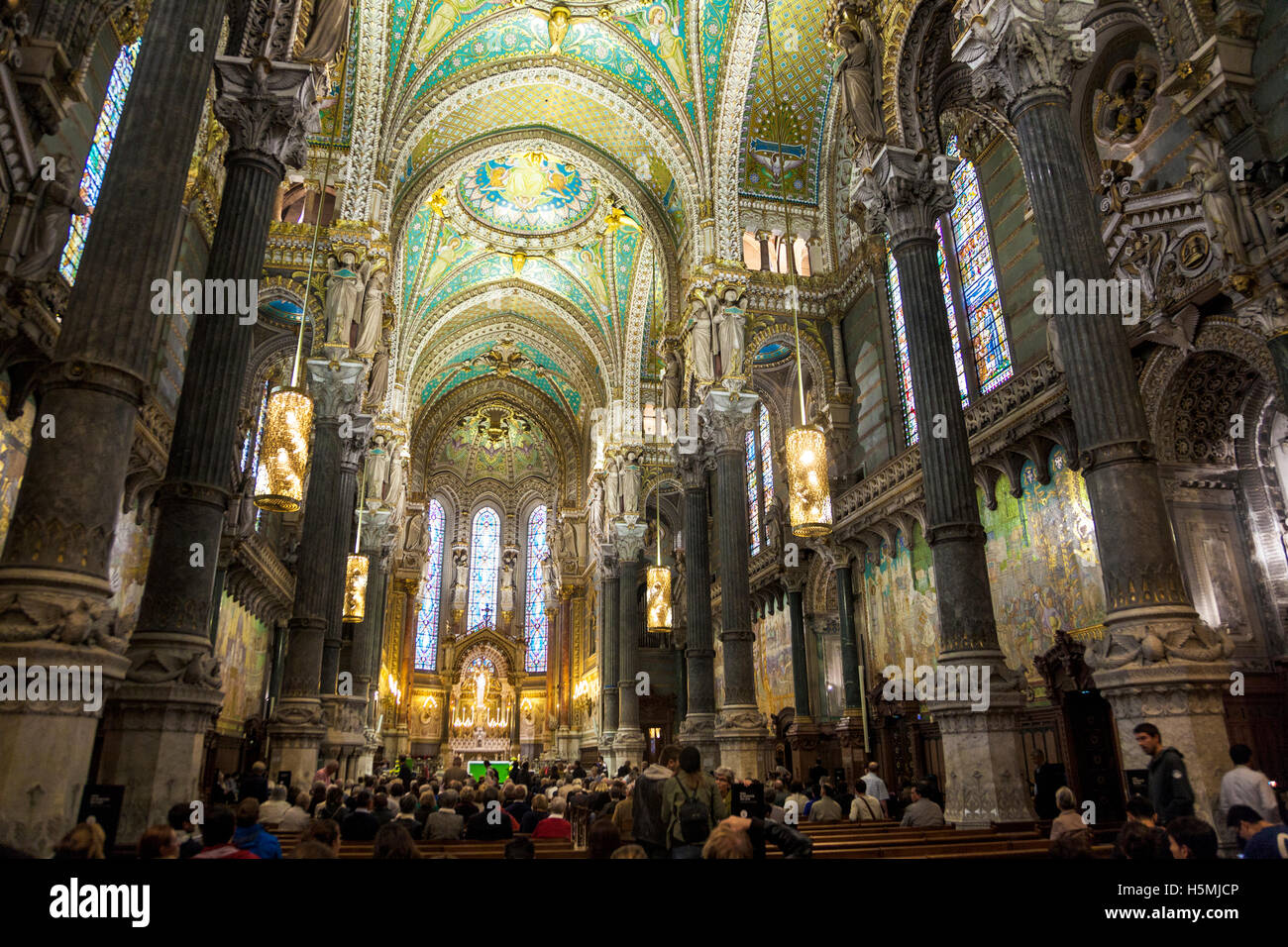 Interior of Basilica of Notre-Dame de Fourvière, Lyon, France Stock Photo