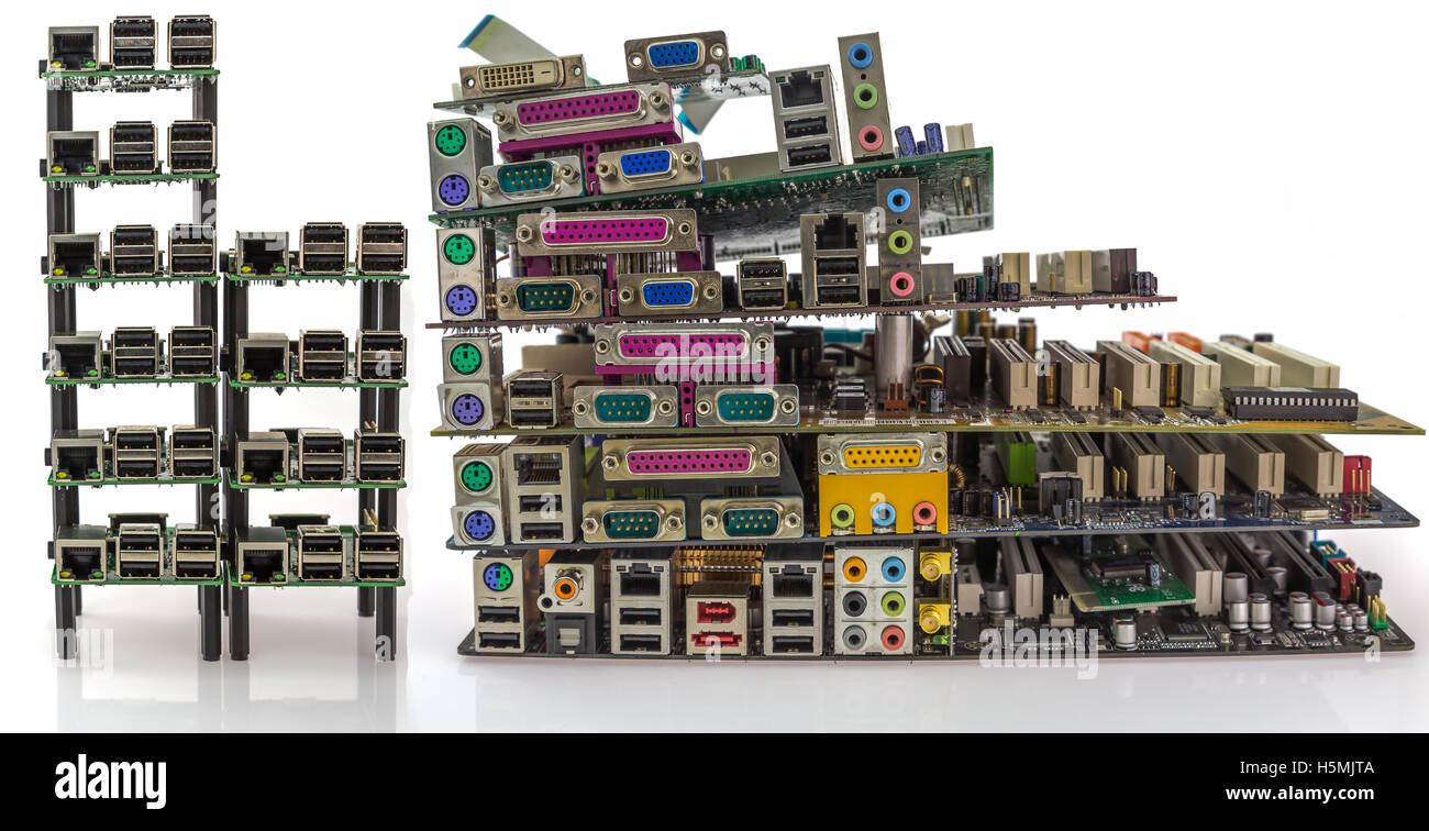 compare the old and new sizes also technology, connectivity of PC motherboards Stock Photo
