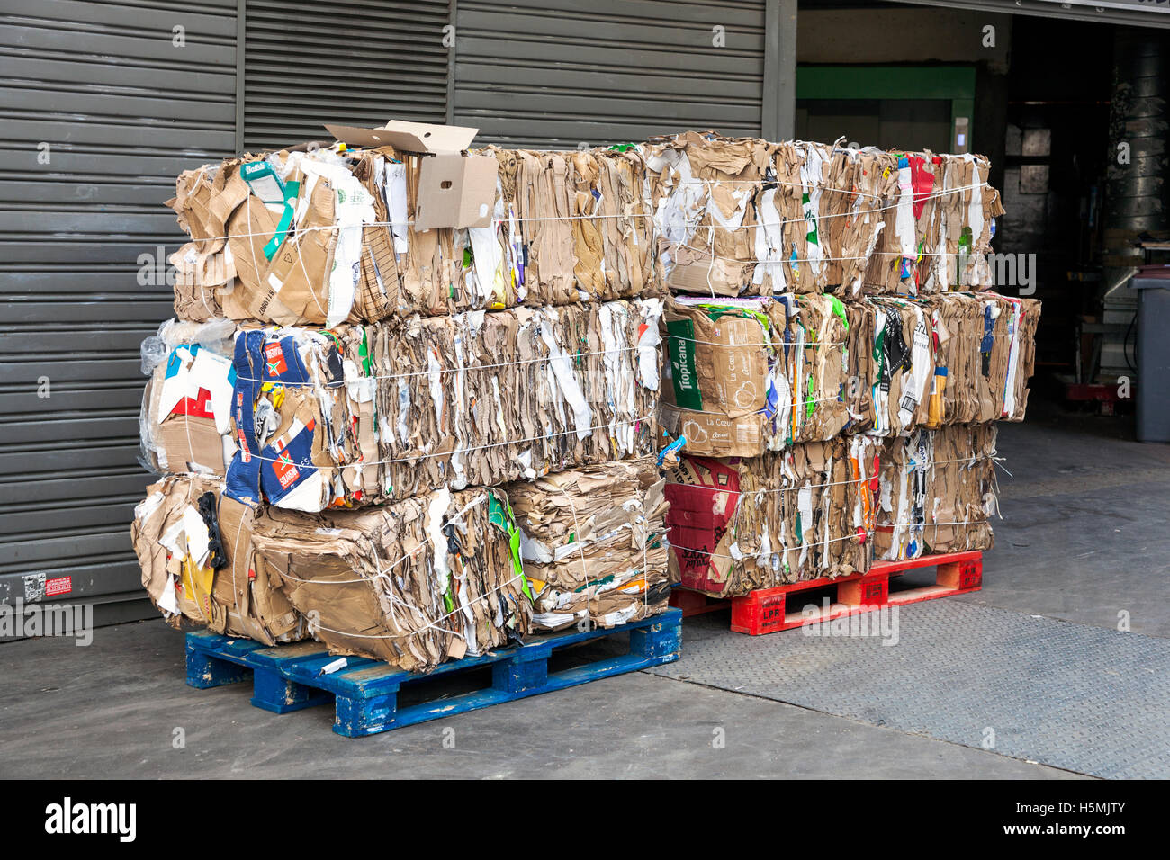 Flat cardboard boxes tied and stacked on pallets Stock Photo