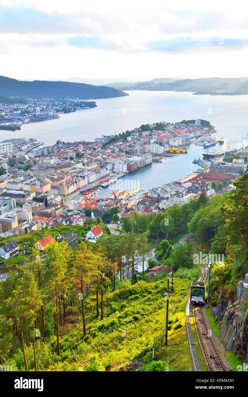 Bergen view from Floyen, cable car tracks. Stock Photo