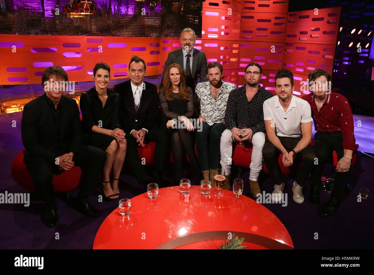 Left-right) Tom Cruise, Cobie Smulders, Jude Law, Catherine Tate, Graham  Norton and Kings of Leon members Caleb Followill, Nathan Followill, Jared  Followill and Matthew Followill during filming of the Graham Norton Show