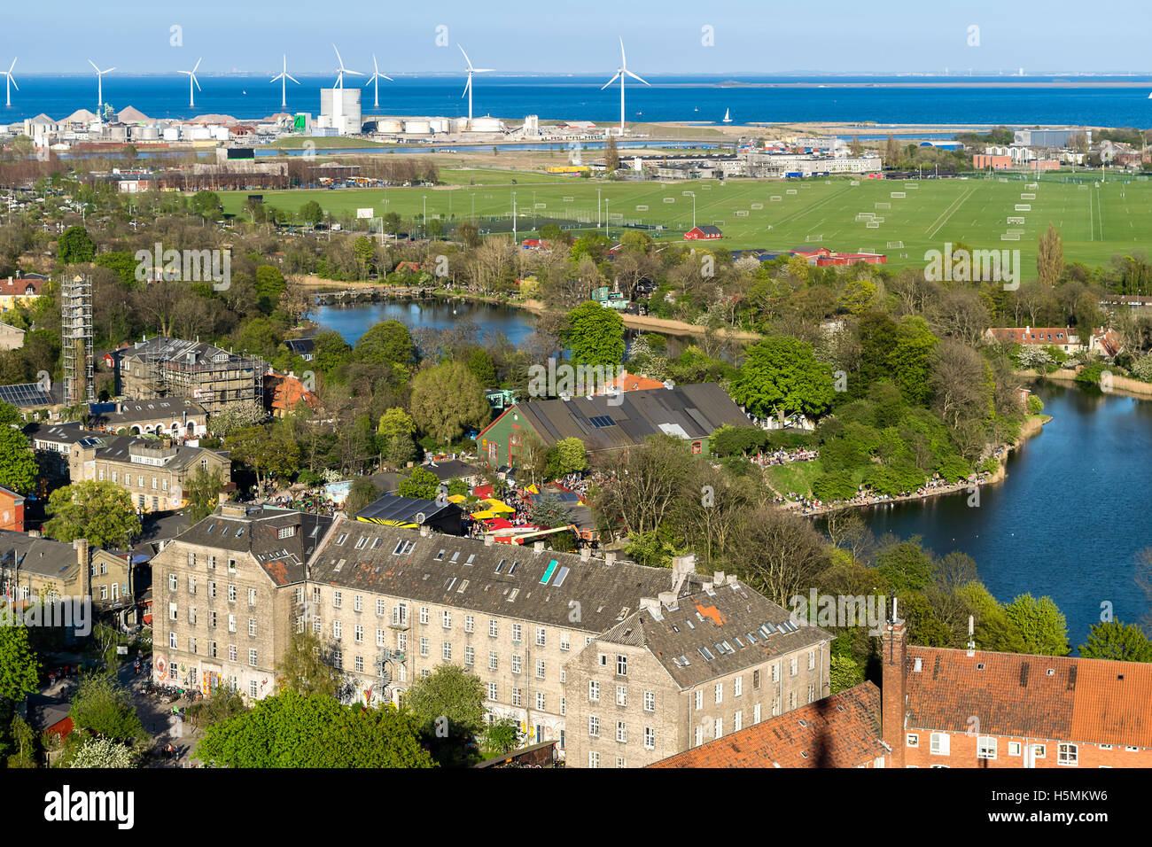 Areal view of Copenhagen, Denmark, with a perspective of a Freetown Christiania, a self-proclaimed autonomous neighborhood Stock Photo