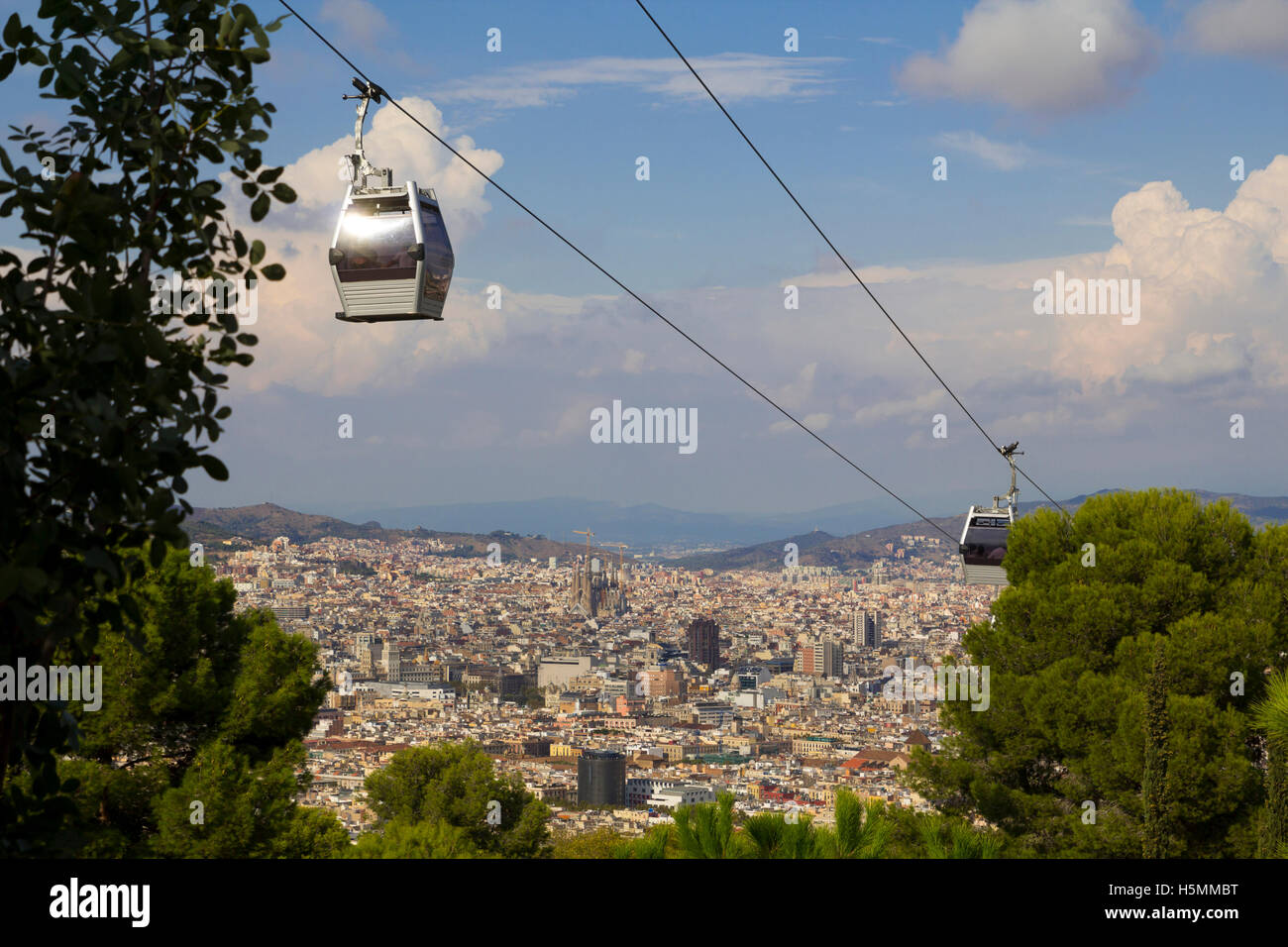Cable car in the mountain of Montjuic in Barcelona, Spain, with the ...