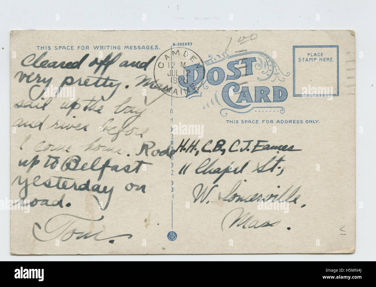 Postmarked Camden, July 12, 192[3?].  Cleared off and very pretty.  May sail up the bay and river before I come home.  Rode up to Belfast yesterday on the road. Tom  Addressed to: H.H., C.B., C.J. Eames 11 Chapel ST W. Somerville, Mass Stock Photo