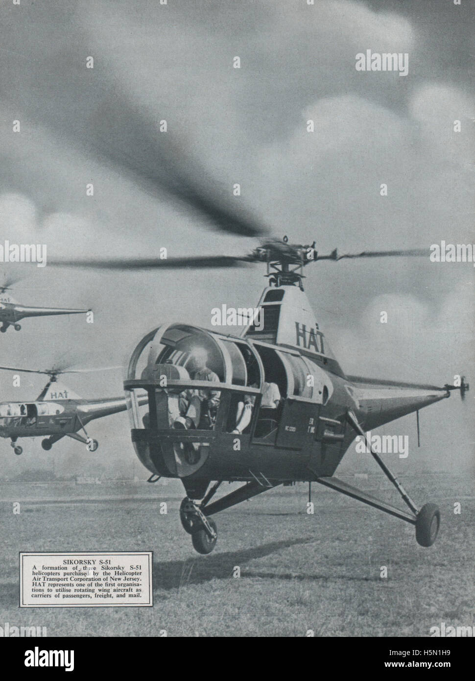 Vintage magazine back cover dated May 1947 showing the Sikorsky S-51 helicopter of the 1940s. The S-51 first flew in 1946 and the photo shows the Helicopter Air Transport Inc. of New Jersey in the USA and was the first to use helicopters for civil transport and freight. The company was declared  bankrupt on February 6, 1948. Cover is from the Air Reserve Gazette (later known as Air Pictorial) Stock Photo
