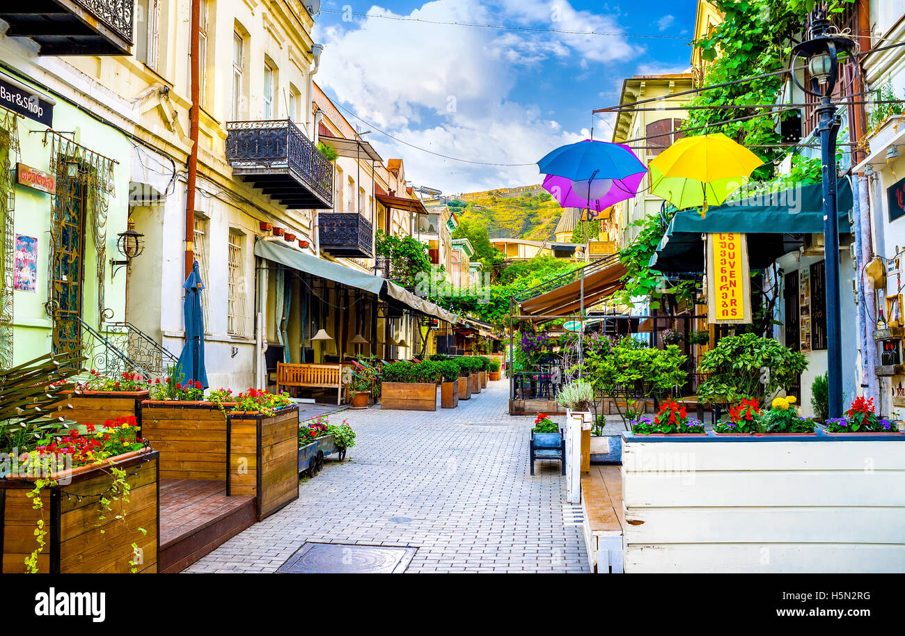 The beautiful tourist street, full of cafes and restaurants with outdoor patios, decorated with