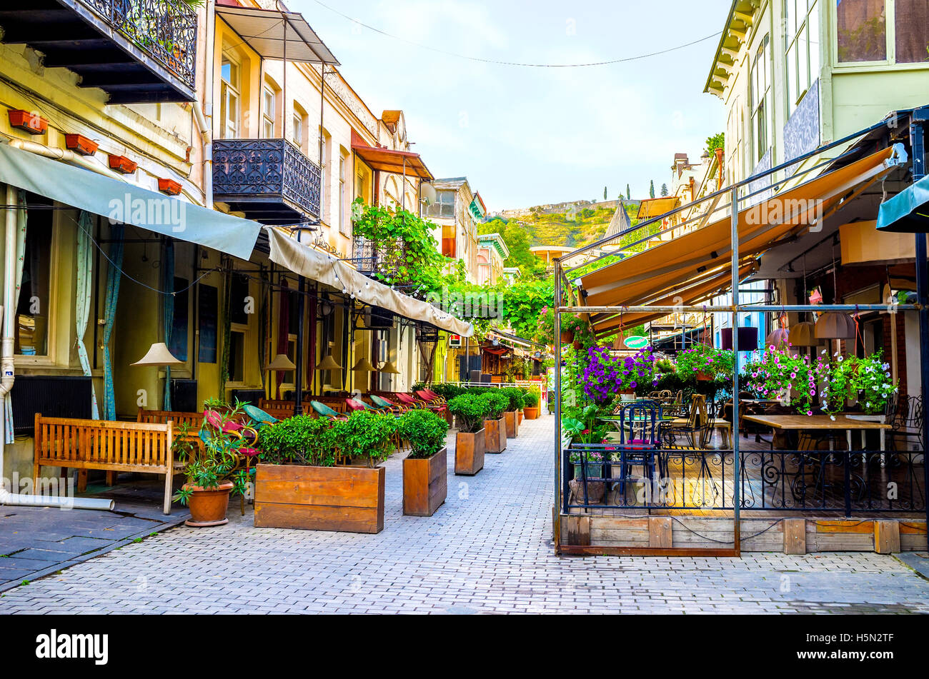 The cozy terraces of the restaurants, surrounded by flowers and plants