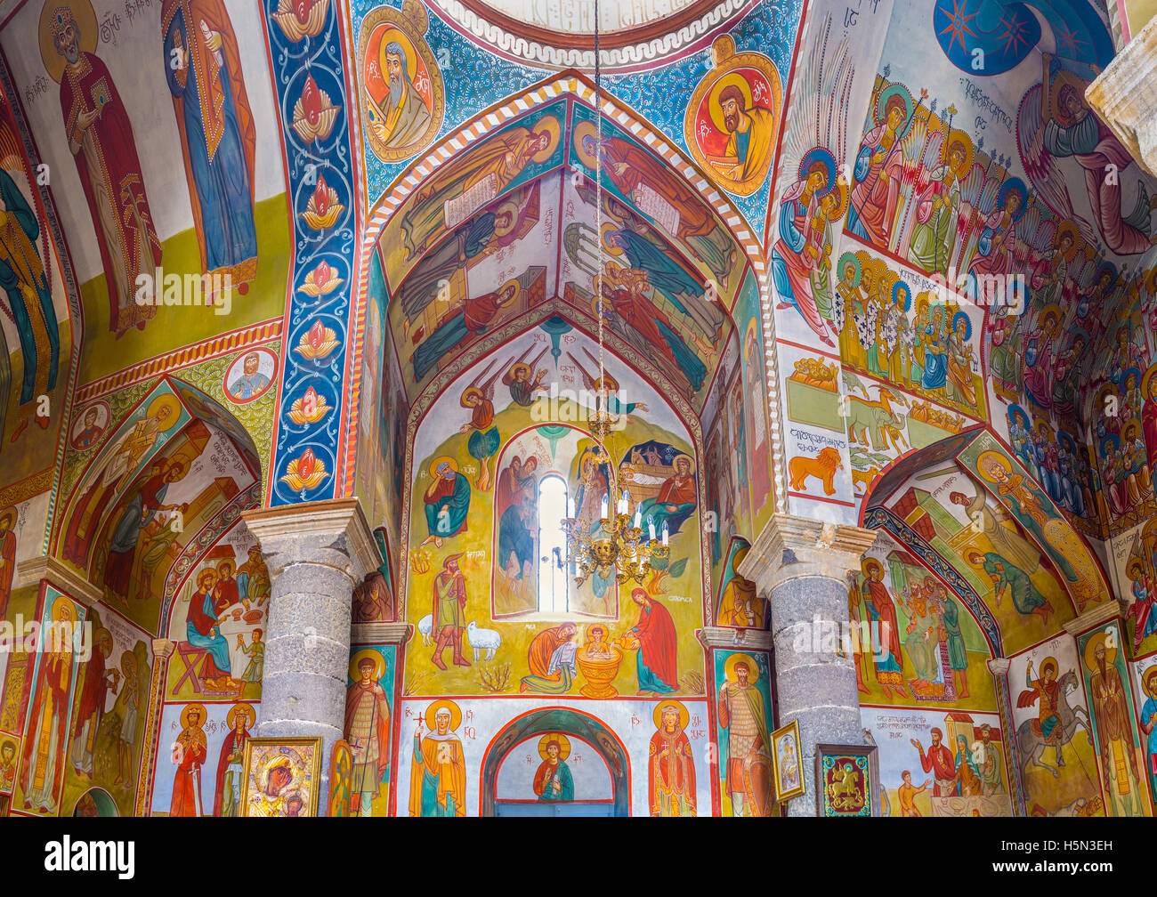 The wide panorama of interior of Upper Bethlehem Church with frescoes, depicting the Saints and Angels Stock Photo