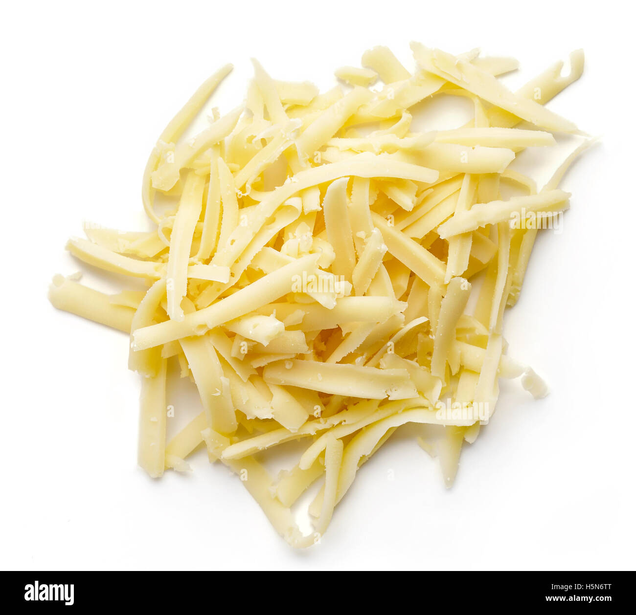 Heap of grated cheese isolated on white background, top view Stock